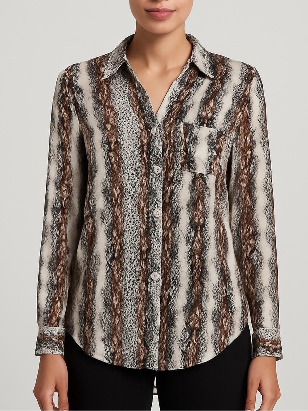 Equipment Femme White Brown Silk Snakeskin Print Long Sleeve Flowy Blouse - Sz S